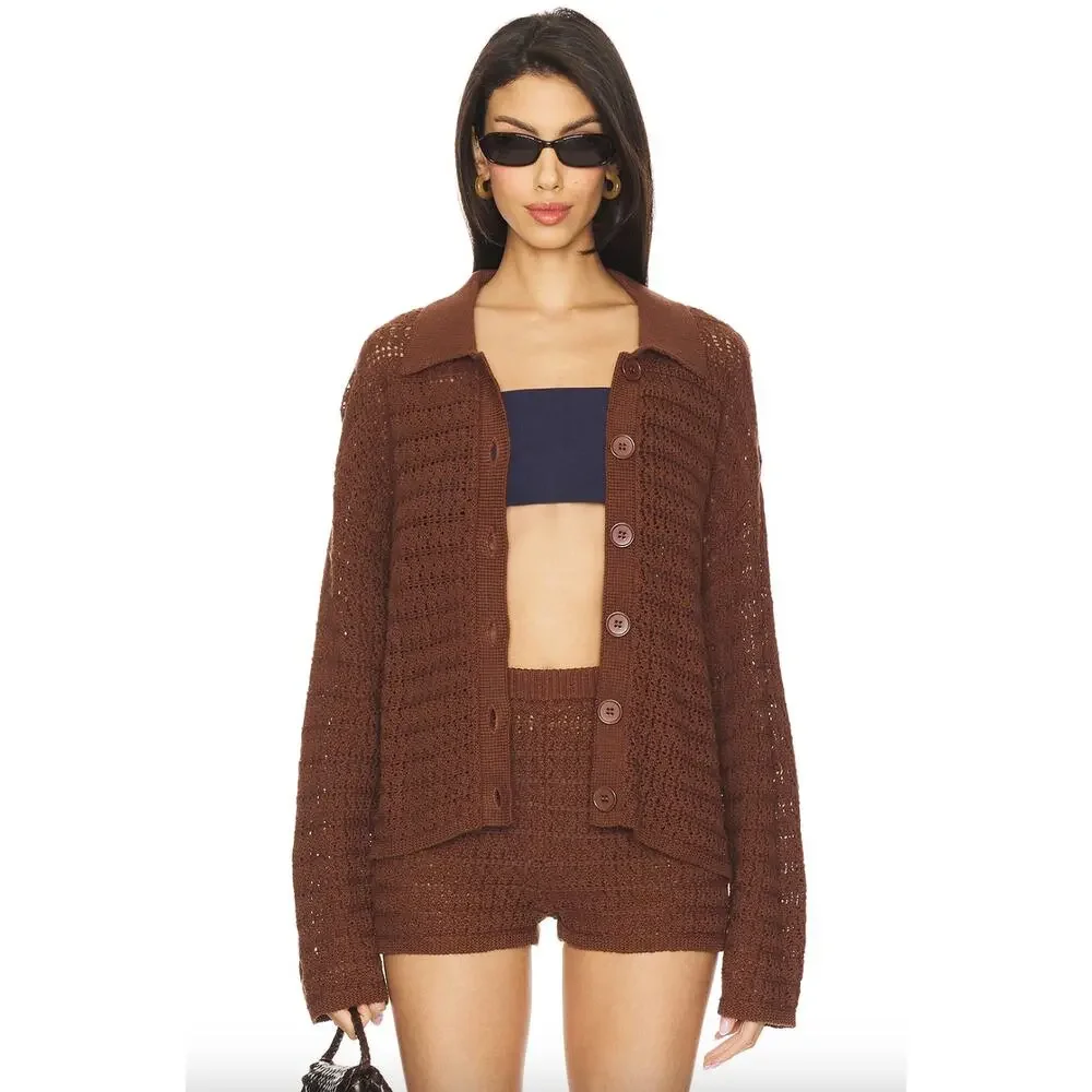 Tularosa | NWT Fabiana Button Down Sweater in Chocolate Brown Crochet Cardigan L